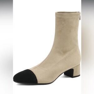 Trendy Round Cap Toe Back Zipper Two Tones Low Chunky Heel Stretchy Ankle Boots